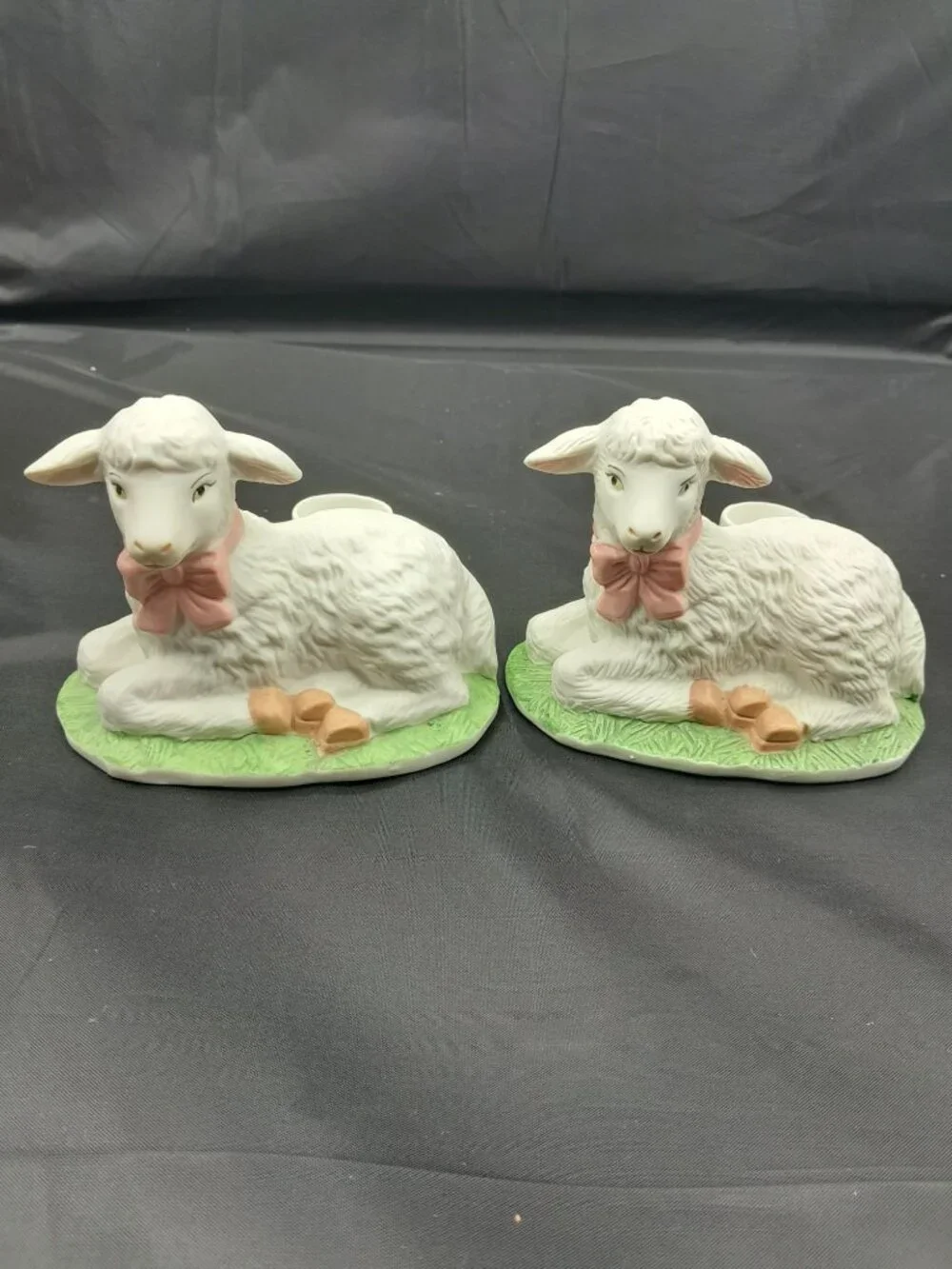 (2) WHITE LAMB PORCELAIN BISQUE TAPER CANDLE HOLDERS SPRING SUMMER EASTER VTG.